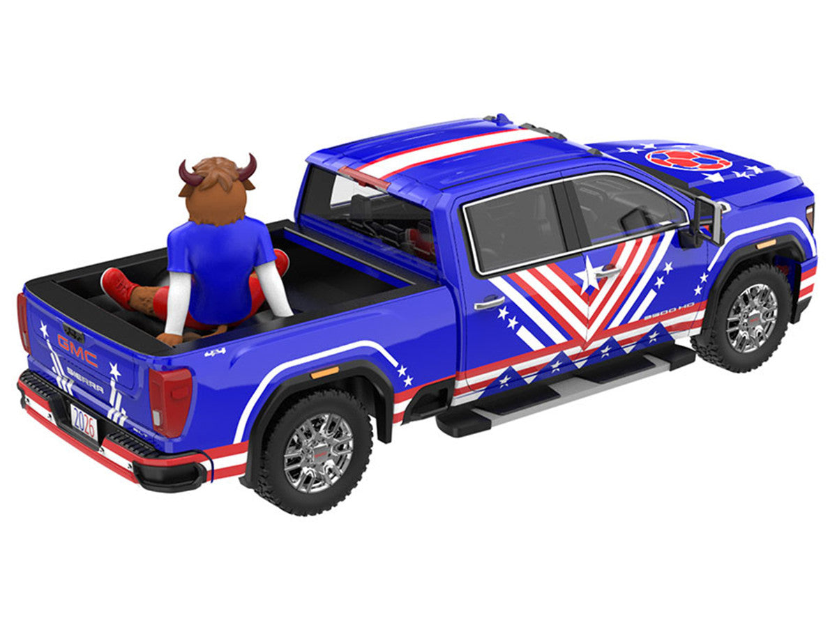 2022 GMC Sierra 3500 HD Pickup Truck Blue with American Soccer Graphics with Bison Figure "International Soccer Celebration '26" Series 1/64 Diecast Model Car by Greenlight Greenlight