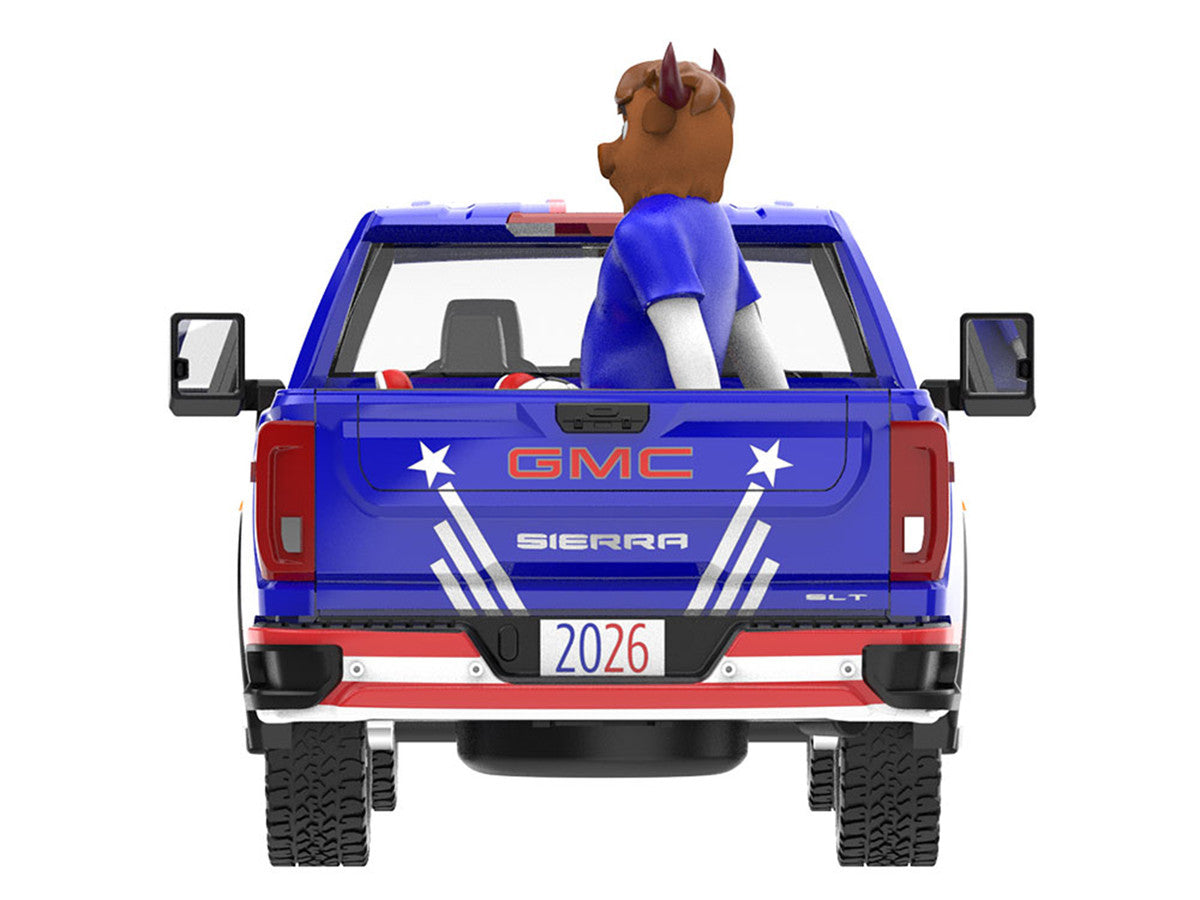 2022 GMC Sierra 3500 HD Pickup Truck Blue with American Soccer Graphics with Bison Figure "International Soccer Celebration '26" Series 1/64 Diecast Model Car by Greenlight Greenlight