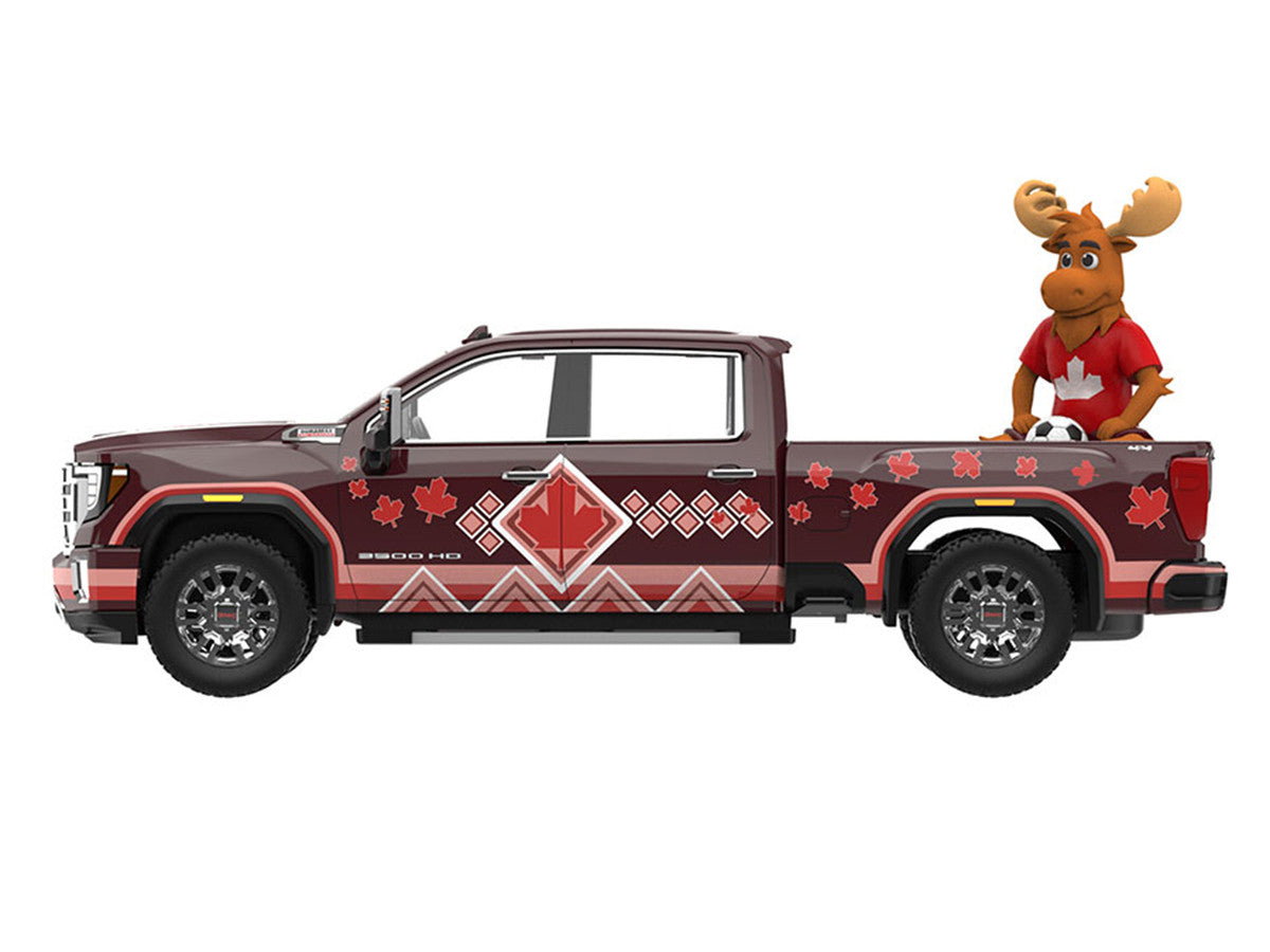 2022 GMC Sierra 3500 HD Pickup Truck Dark Red with Canadian Soccer Graphics with Moose Figure "International Soccer Celebration '26" Series 1/64 Diecast Model Car by Greenlight Greenlight