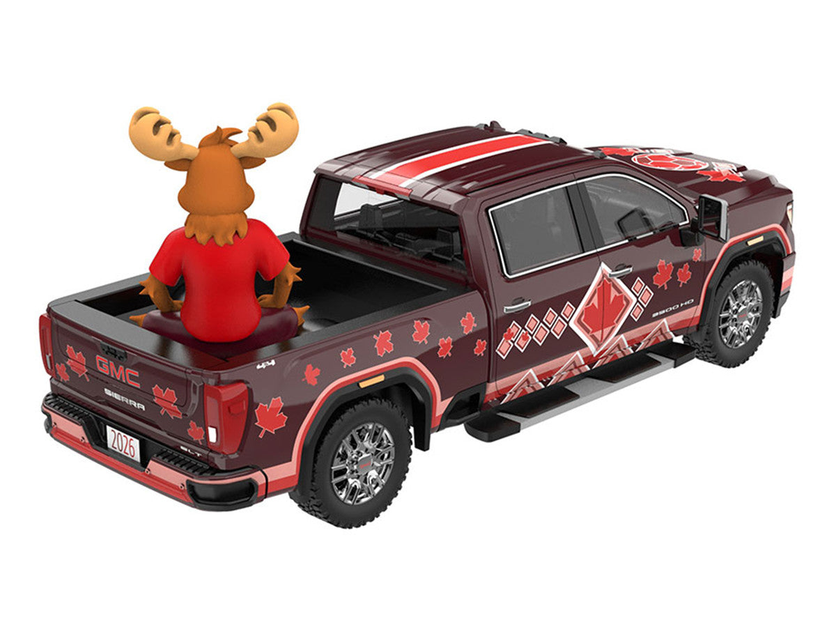 2022 GMC Sierra 3500 HD Pickup Truck Dark Red with Canadian Soccer Graphics with Moose Figure "International Soccer Celebration '26" Series 1/64 Diecast Model Car by Greenlight Greenlight