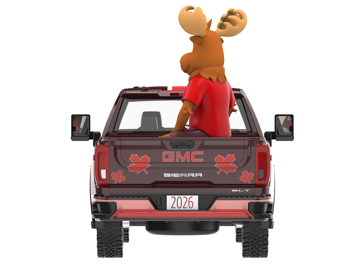 2022 GMC Sierra 3500 HD Pickup Truck Dark Red with Canadian Soccer Graphics with Moose Figure "International Soccer Celebration '26" Series 1/64 Diecast Model Car by Greenlight Greenlight