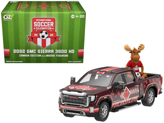 2022 GMC Sierra 3500 HD Pickup Truck Dark Red with Canadian Soccer Graphics with Moose Figure "International Soccer Celebration '26" Series 1/64 Diecast Model Car by Greenlight Greenlight