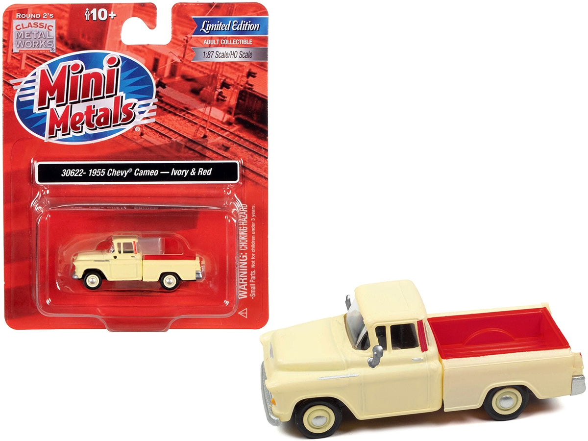 1955 Chevrolet Cameo Pickup Truck Ivory and Red 1/87 (HO) Scale Model Car by Classic Metal Works