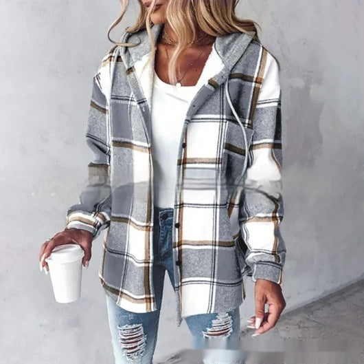 Plaid Hooded Jacket Fashion Casual Button Pocket Coat Autumn And Winter Women's Clothing Accent Plus