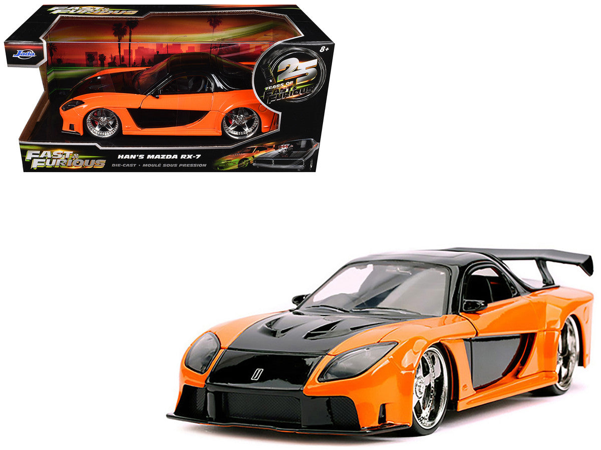 Han's Mazda RX-7 RHD (Right Hand Drive) Orange and Black "The Fast and the Furious: Tokyo Drift" (2006) Movie "25 Years of Fast & Furious" Series 1/24 Diecast Model Car by Jada Jada