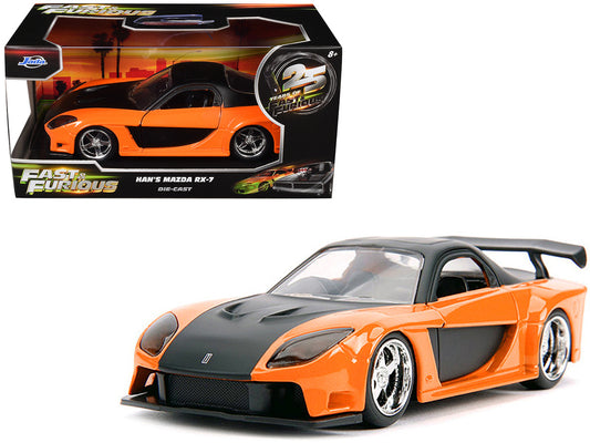 Han's Mazda RX-7 RHD (Right Hand Drive) Orange Metallic and Black "25 Years of Fast & Furious" "The Fast and the Furious: Tokyo Drift" (2006) Movie "Fast & Furious" Series 1/32 Diecast Model Car by Jada-0