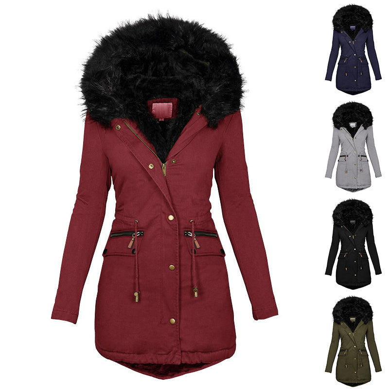 Women's Plush Hooded Parkas Winter Warm Thick  Zip-up Jackets Casual Mid-length Solid Buckle Pockets Coat Outerwear Clothing LadyShow.Store