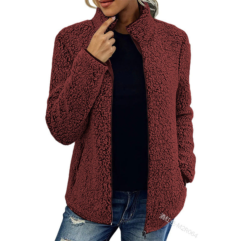 Fall Winter Warm Sweatshirt Stand Collar Solid Color Top Sweater Women's Casual Fashion Long Sleeve Zipper Bubble Velvet Coat Tops Best YouTube Store