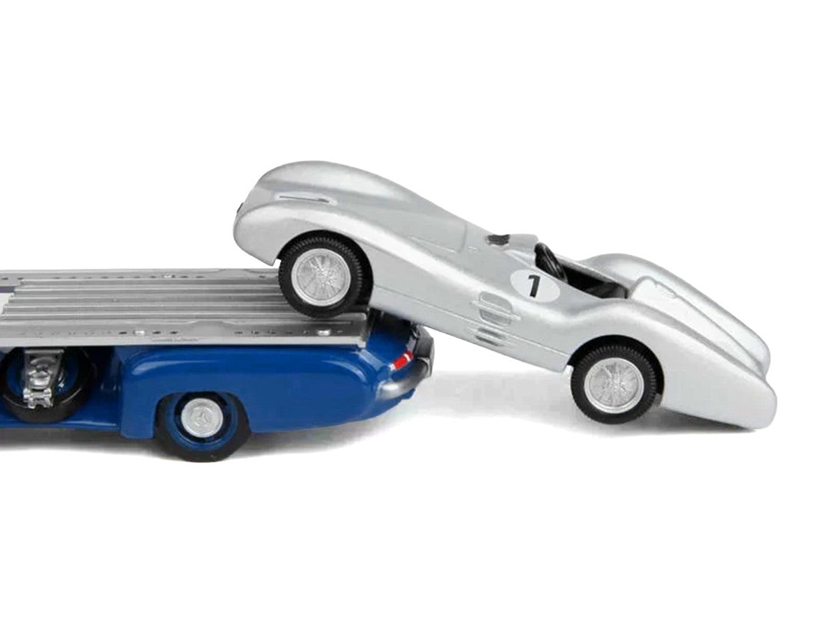 Mercedes-Benz Renntransporter Flatbed Truck Blue and 1954 Mercedes-Benz W196 #1 Silver Metallic 1/64 Diecast Model Car by Norev Norev