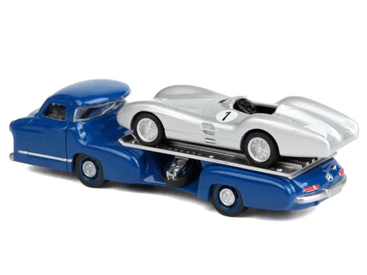Mercedes-Benz Renntransporter Flatbed Truck Blue and 1954 Mercedes-Benz W196 #1 Silver Metallic 1/64 Diecast Model Car by Norev Norev