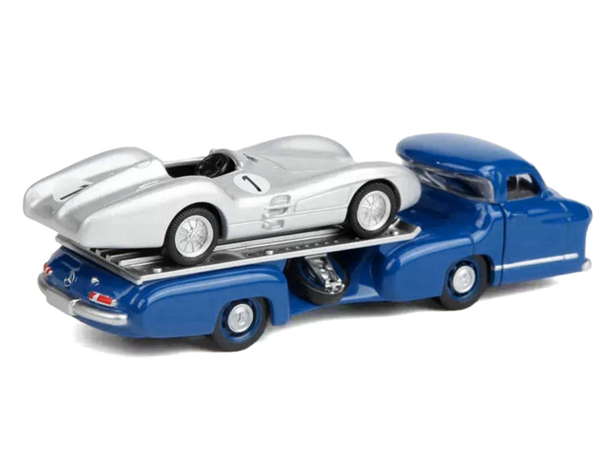 Mercedes-Benz Renntransporter Flatbed Truck Blue and 1954 Mercedes-Benz W196 #1 Silver Metallic 1/64 Diecast Model Car by Norev Norev