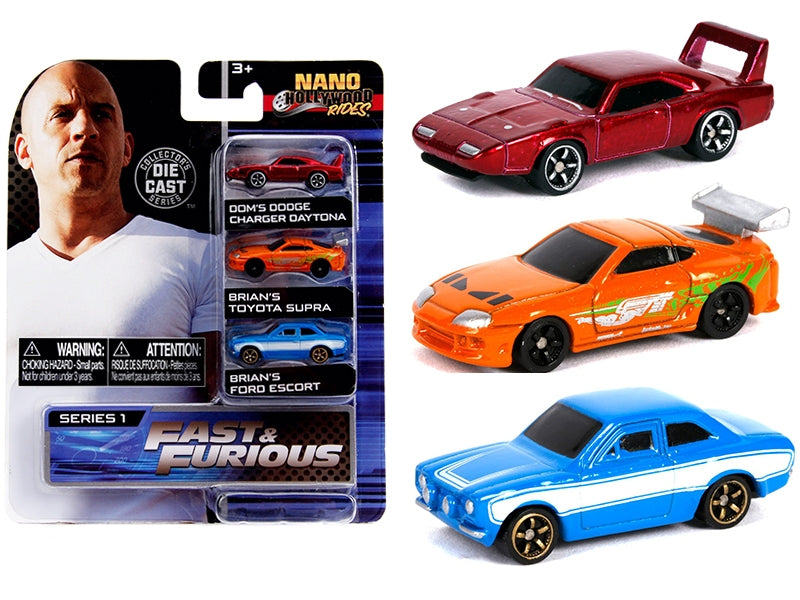 "Fast & Furious" 3 piece Set "Nano Hollywood Rides" Series 1 Diecast Model Cars by Jada