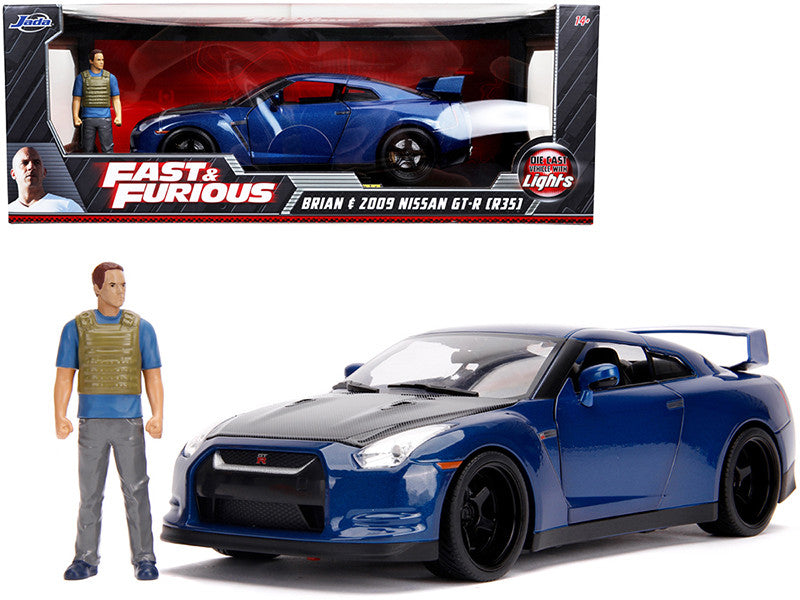 2009 Nissan GT-R (R35) Blue Metallic and Carbon with Lights and Brian Figurine "Fast & Furious" Movie 1/18 Diecast Model Car by Jada Jada