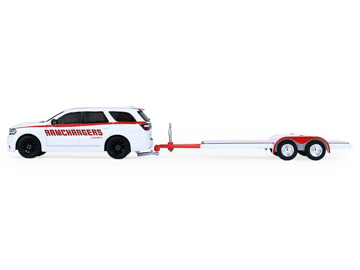 2018 Dodge Durango White with Red Stripes and 2021 Dodge Challenger SRT White with Red Stripes "Ramchargers" with Flatbed Trailer "Racing Hitch & Tow" Series 6 1/64 Diecast Model Cars by Greenlight Greenlight