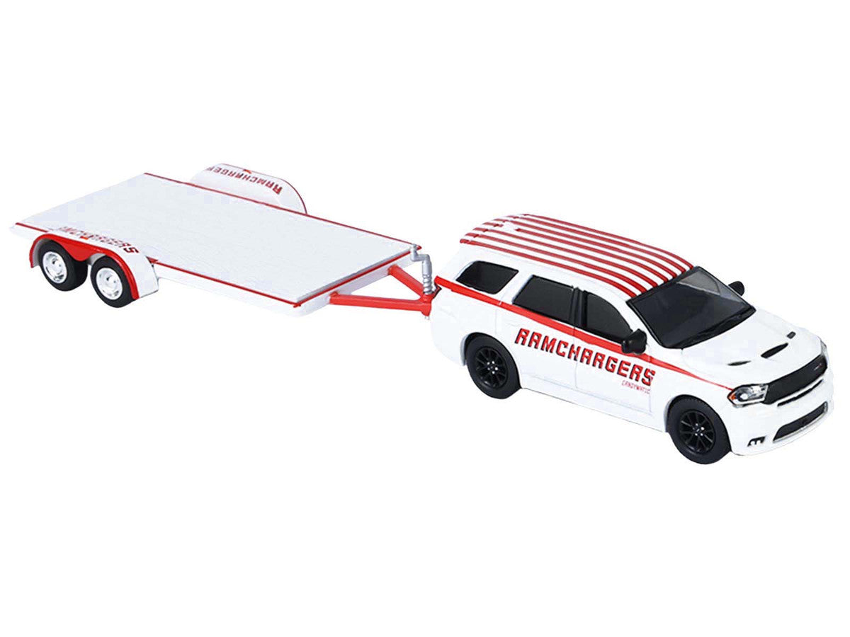 2018 Dodge Durango White with Red Stripes and 2021 Dodge Challenger SRT White with Red Stripes "Ramchargers" with Flatbed Trailer "Racing Hitch & Tow" Series 6 1/64 Diecast Model Cars by Greenlight Greenlight