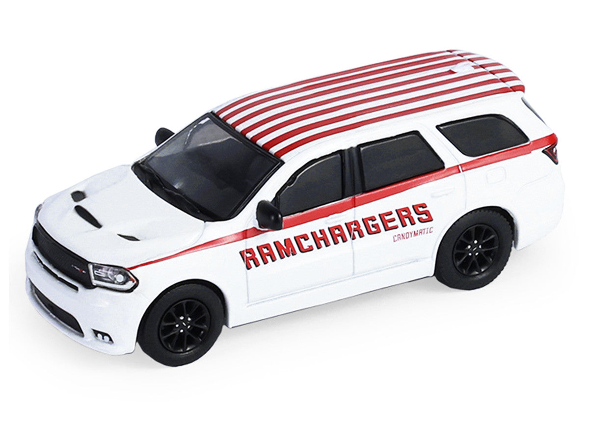 2018 Dodge Durango White with Red Stripes and 2021 Dodge Challenger SRT White with Red Stripes "Ramchargers" with Flatbed Trailer "Racing Hitch & Tow" Series 6 1/64 Diecast Model Cars by Greenlight Greenlight