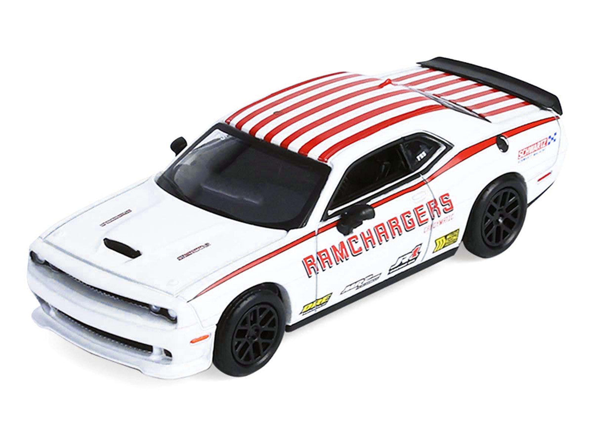 2018 Dodge Durango White with Red Stripes and 2021 Dodge Challenger SRT White with Red Stripes "Ramchargers" with Flatbed Trailer "Racing Hitch & Tow" Series 6 1/64 Diecast Model Cars by Greenlight Greenlight