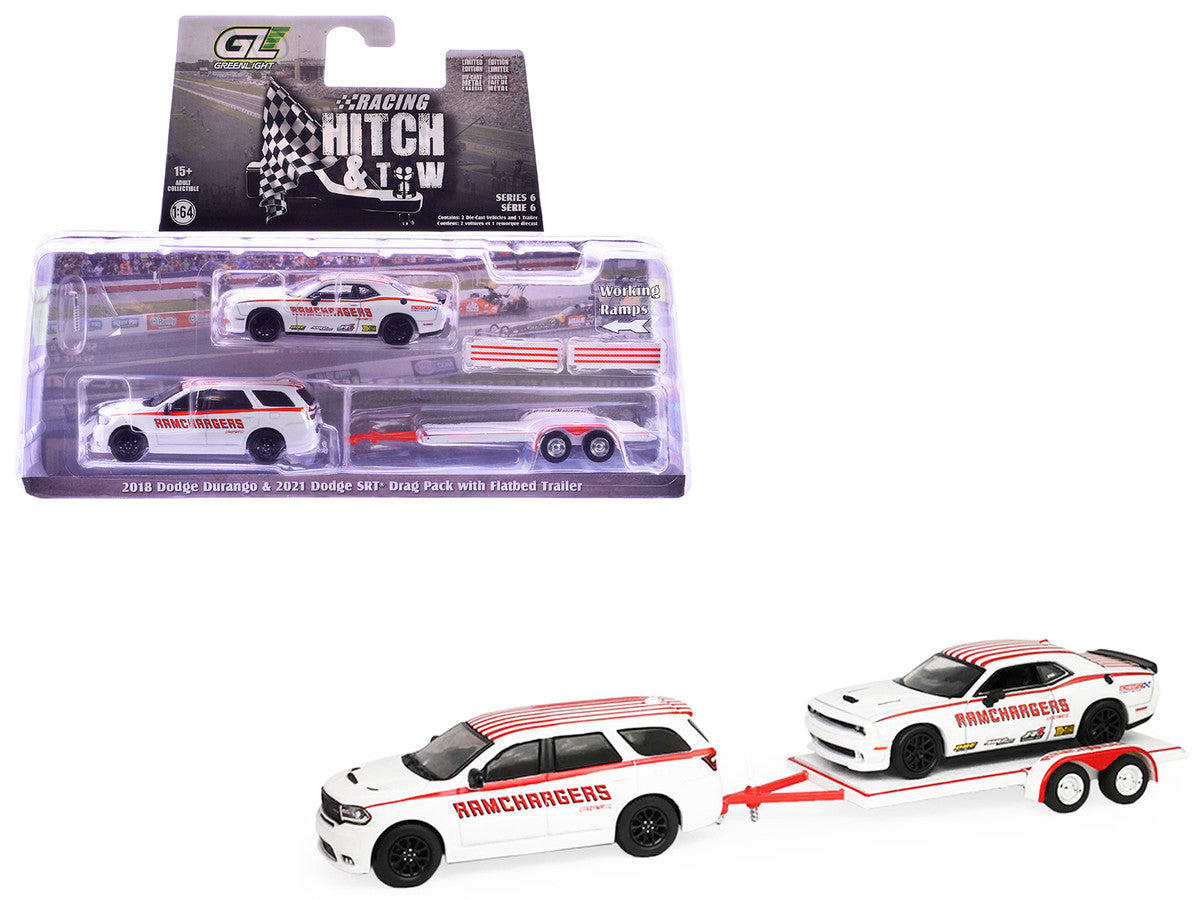 2018 Dodge Durango White with Red Stripes and 2021 Dodge Challenger SRT White with Red Stripes "Ramchargers" with Flatbed Trailer "Racing Hitch & Tow" Series 6 1/64 Diecast Model Cars by Greenlight Greenlight