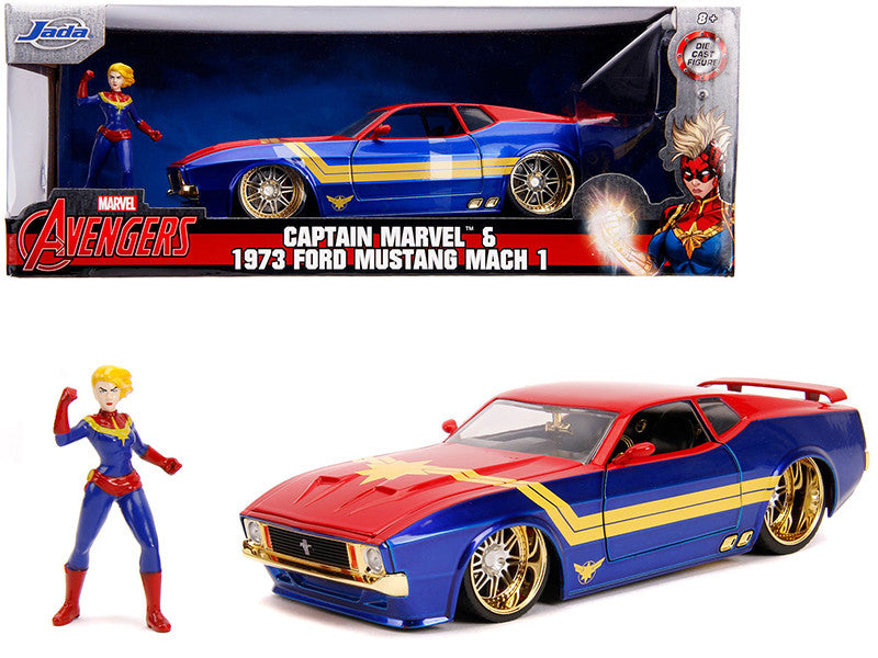 1973 Ford Mustang Mach 1 with Captain Marvel Diecast Figurine "Avengers" "Marvel" Series 1/24 Diecast Model Car by Jada Jada