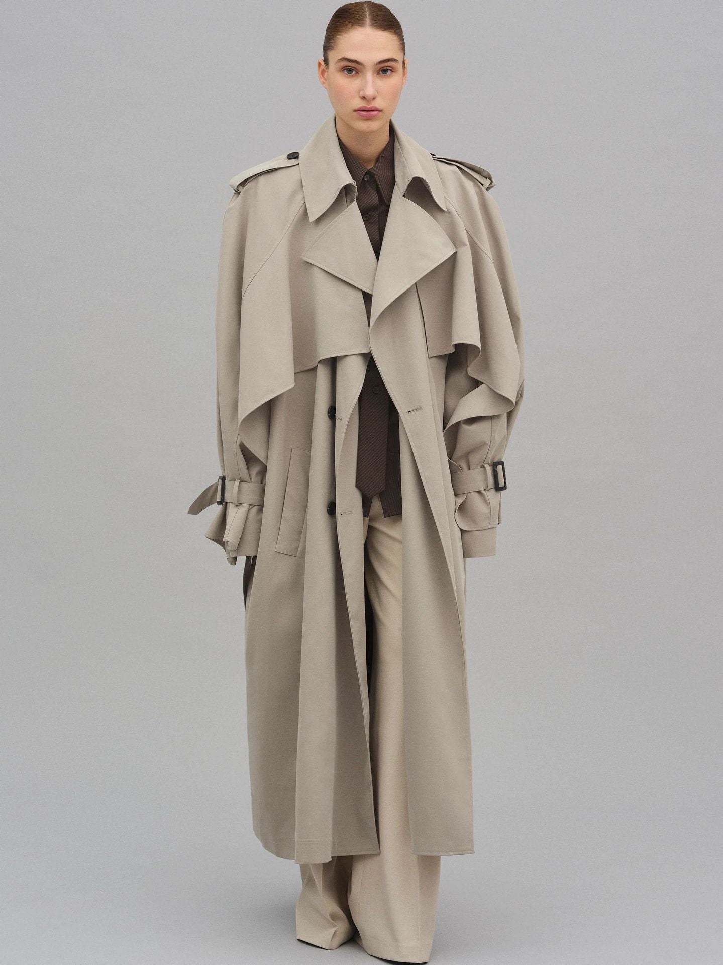 Women's Long Khaki Belted Cape Trench Coat LadyShow.Store
