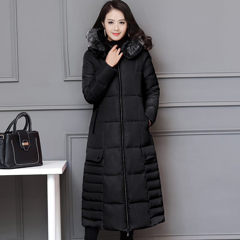 Hooded Padded Jacket with Fur Collar and Color Block Pi-Mart