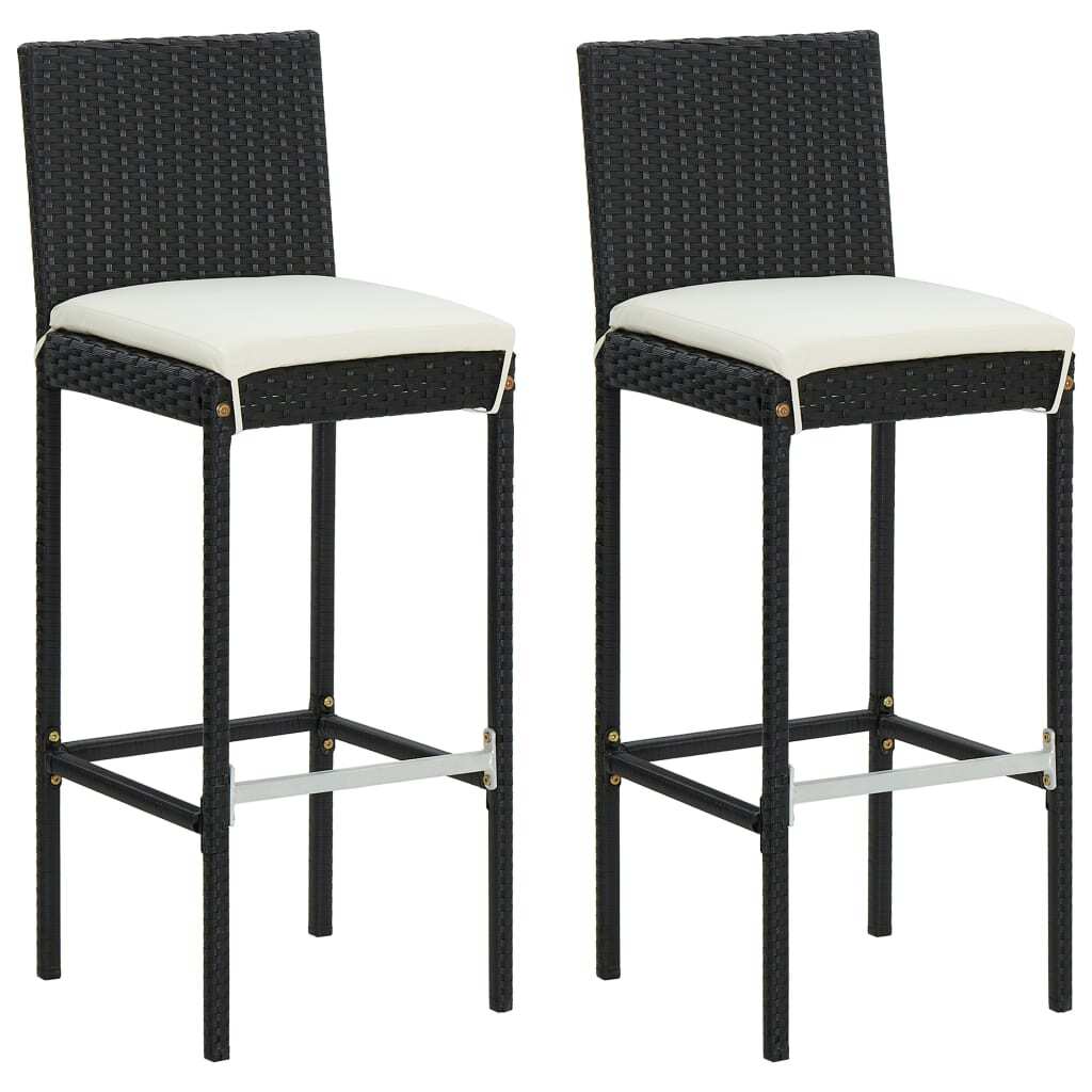 Garden Bar Stools with Cushions 2 pcs Black Poly Rattan W2B