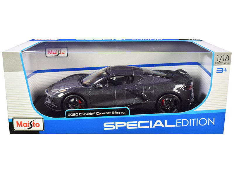 2020 Chevrolet Corvette Stingray C8 Dark Gray Metallic with Racing Stripes 1/18 Diecast Model Car by Maisto Maisto