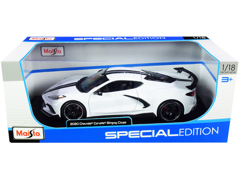 2020 Chevrolet Corvette Stingray C8 Coupe with High Wing White with Black Stripes 1/18 Diecast Model Car by Maisto Maisto