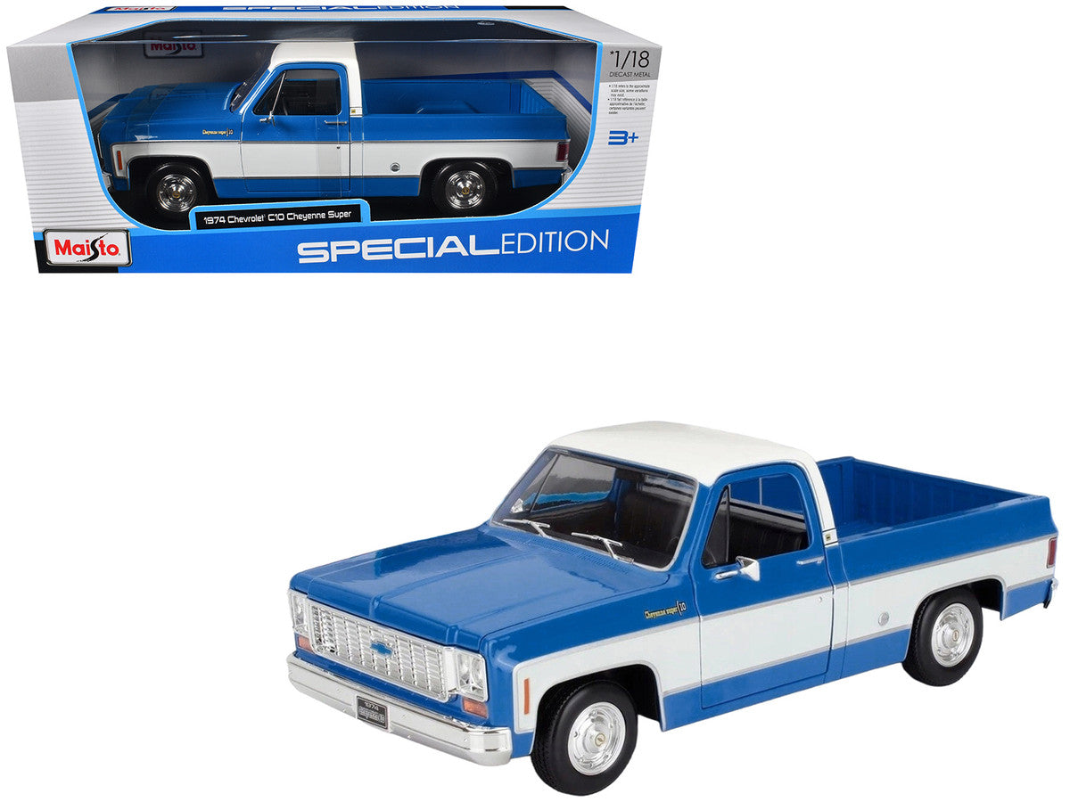 1974 Chevrolet C10 Cheyenne Super Pickup Truck Blue and White "Special Edition" Series 1/18 Diecast Model Car by Maisto Maisto
