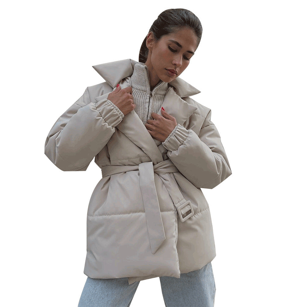 New Thickened Slimming Cinched Cotton-padded Coat Solid Color Belt Cotton Coat Jacket LadyShow.Store