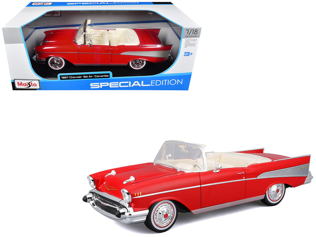 1957 Chevrolet Bel Air Convertible Red with White Interior "Special Edition" Series 1/18 Diecast Model Car by Maisto Maisto