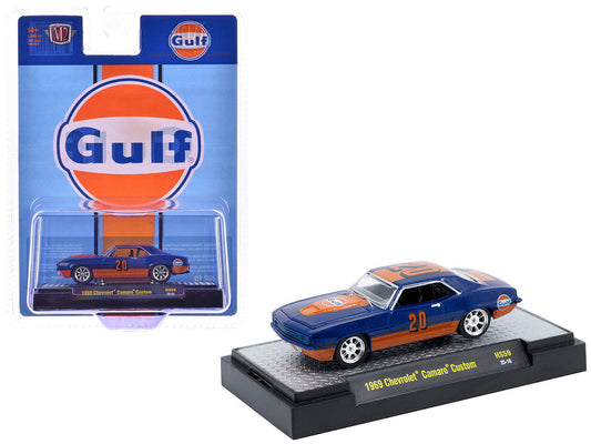1969 Chevrolet Camaro Custom #20 "Gulf Oil" Dark Blue and Orange Limited Edition to 5500 pieces Worldwide 1/64 Diecast Model Car by M2 Machines M2