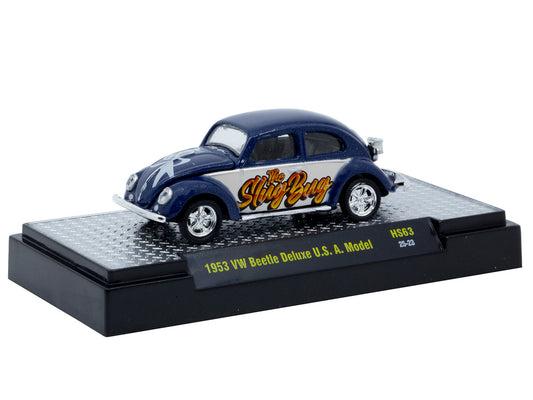 1953 Volkswagen Beetle Deluxe USA Model "The Slug Bug" Blue Metallic with White Sides Limited Edition to 5566 pieces Worldwide 1/64 Diecast Model Car by M2 Machines-0