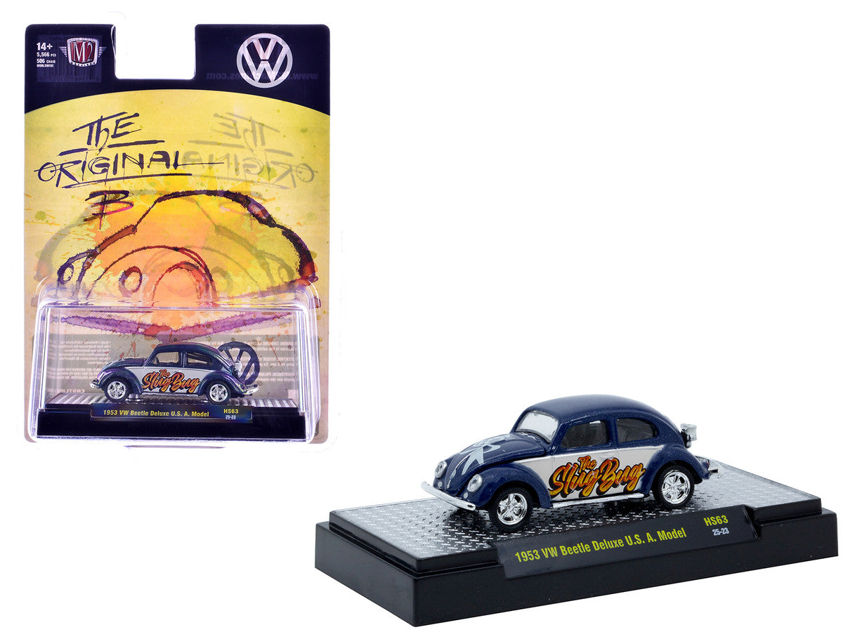 1953 Volkswagen Beetle Deluxe USA Model "The Slug Bug" Blue Metallic with White Sides Limited Edition to 5566 pieces Worldwide 1/64 Diecast Model Car by M2 Machines M2