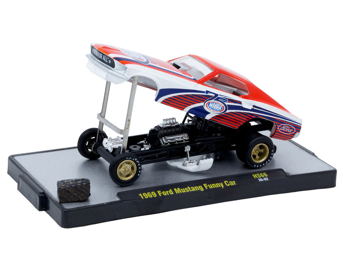 1969 Ford Mustang Funny Car "NHRA 75 Years" Red and White with Graphics Limited Edition to 3740 pieces Worldwide 1/64 Diecast Model Car by M2 Machines M2