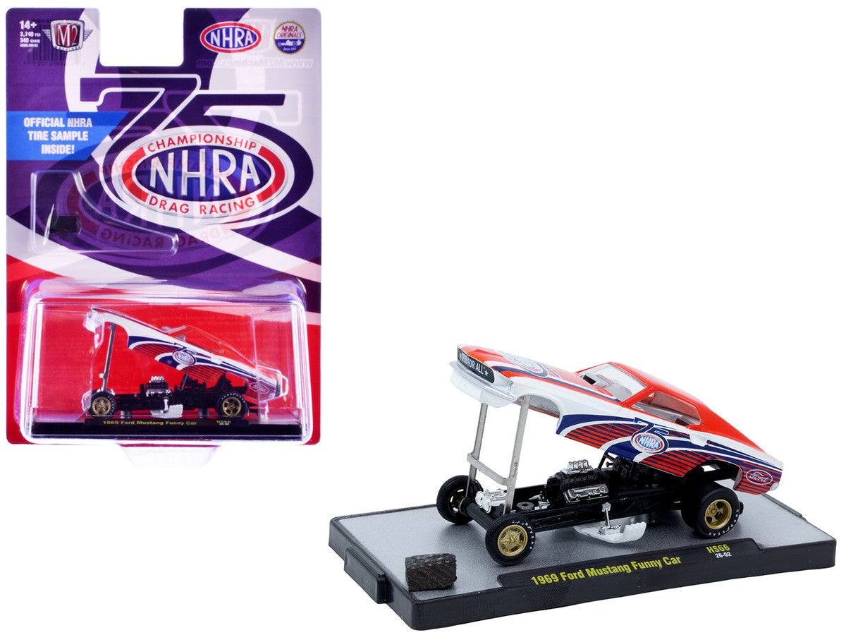 1969 Ford Mustang Funny Car "NHRA 75 Years" Red and White with Graphics Limited Edition to 3740 pieces Worldwide 1/64 Diecast Model Car by M2 Machines M2