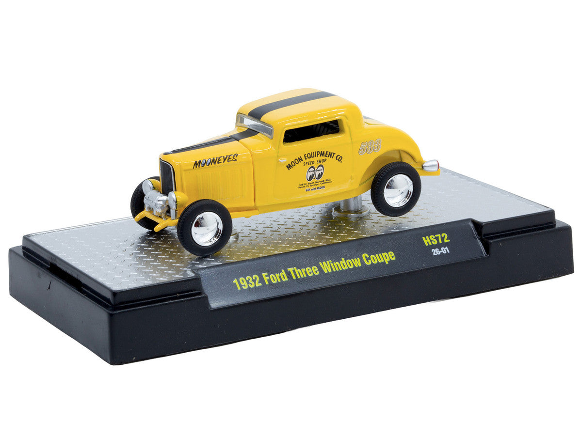 1932 Ford Three-Window Coupe "MoonEyes" Yellow with Black Stripe Limited Edition to 4400 pieces Worldwide 1/64 Diecast Model Car by M2 Machines M2