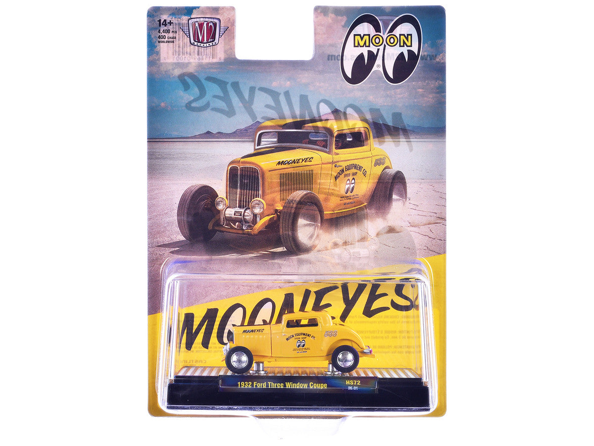 1932 Ford Three-Window Coupe "MoonEyes" Yellow with Black Stripe Limited Edition to 4400 pieces Worldwide 1/64 Diecast Model Car by M2 Machines M2