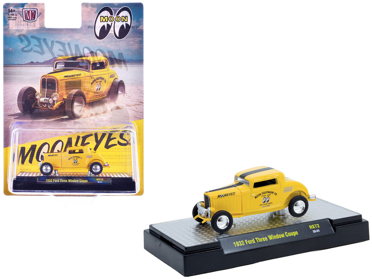 1932 Ford Three-Window Coupe "MoonEyes" Yellow with Black Stripe Limited Edition to 4400 pieces Worldwide 1/64 Diecast Model Car by M2 Machines M2