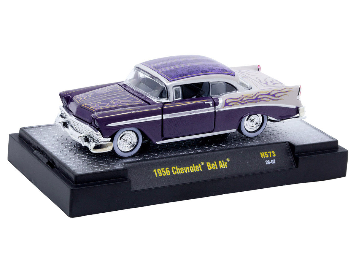 1956 Chevrolet Bel Air "Low and Slow" Purple Two-Tone with Graphics Limited Edition to 5500 pieces Worldwide 1/64 Diecast Model Car by M2 Machines M2