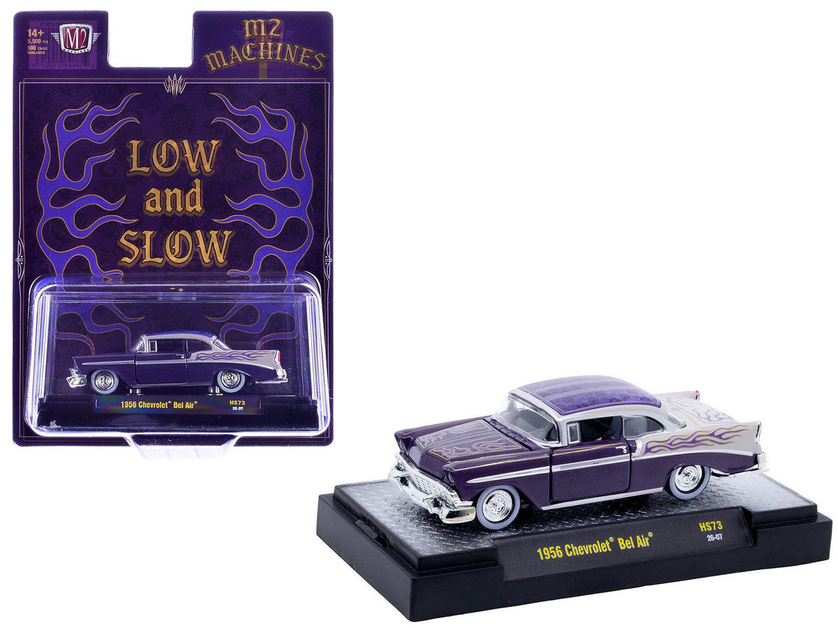 1956 Chevrolet Bel Air "Low and Slow" Purple Two-Tone with Graphics Limited Edition to 5500 pieces Worldwide 1/64 Diecast Model Car by M2 Machines M2