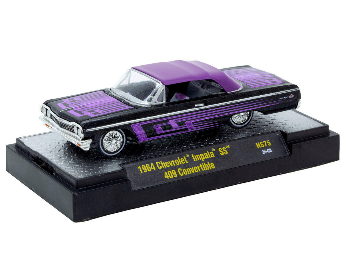 1964 Chevrolet Impala SS 409 Convertible Black Metallic with Purple Graphics and Purple Soft Top Limited Edition to 11000 pieces Worldwide 1/64 Diecast Model Car by M2 Machines-0