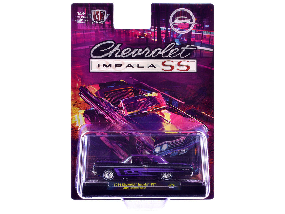 1964 Chevrolet Impala SS 409 Convertible Black Metallic with Purple Graphics and Purple Soft Top Limited Edition to 11000 pieces Worldwide 1/64 Diecast Model Car by M2 Machines-1