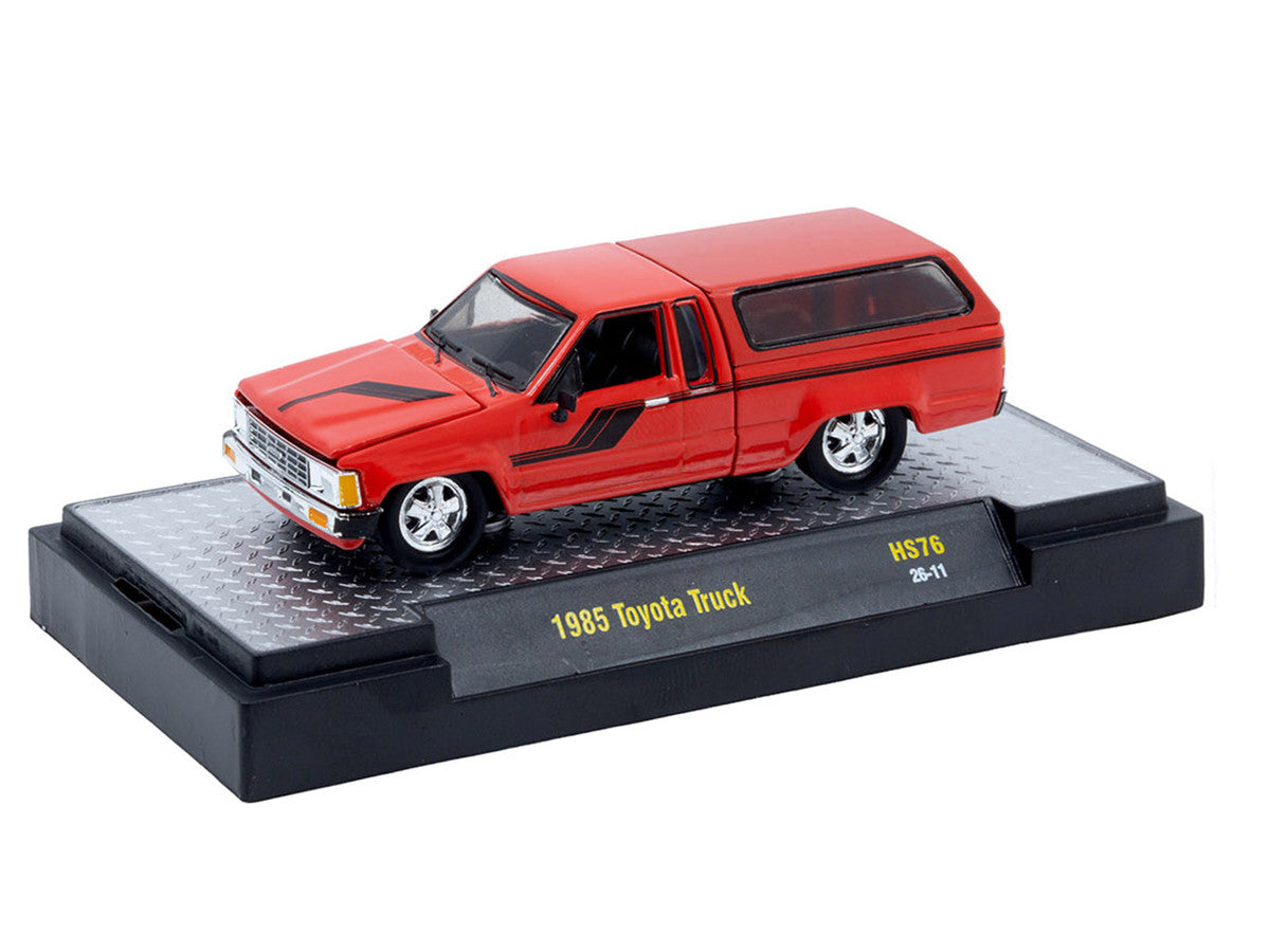 1985 Toyota SR5 Pickup Truck with Camper Shell Red with Black Stripes Limited Edition to 19844 pieces Worldwide 1/64 Diecast Model Car by M2 Machines M2