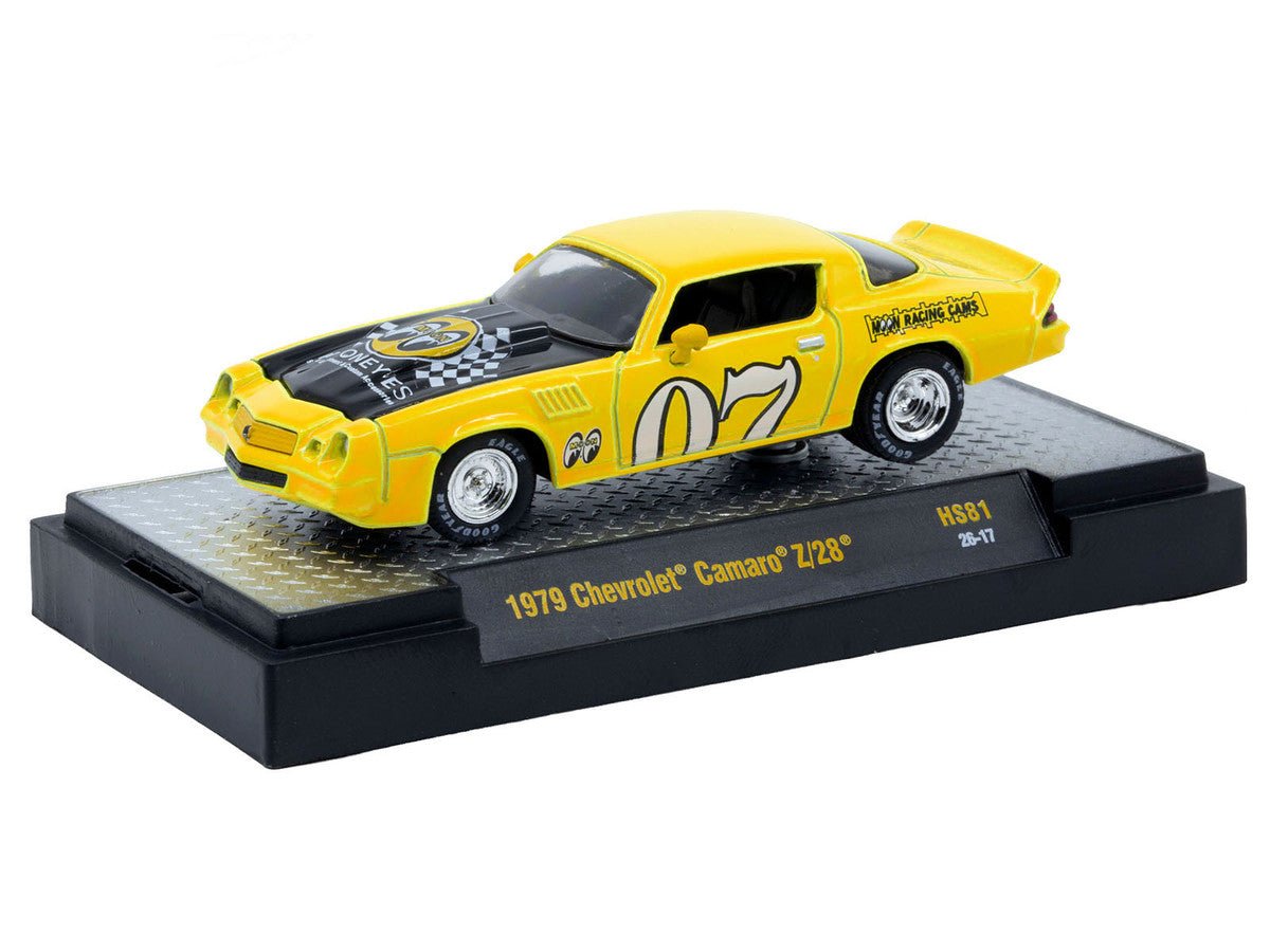 1979 Chevrolet Camaro Z/28 "MoonEyes" Yellow with Black Hood and Graphics Limited Edition to 10428 pieces Worldwide 1/64 Diecast Model Car by M2 Machines M2