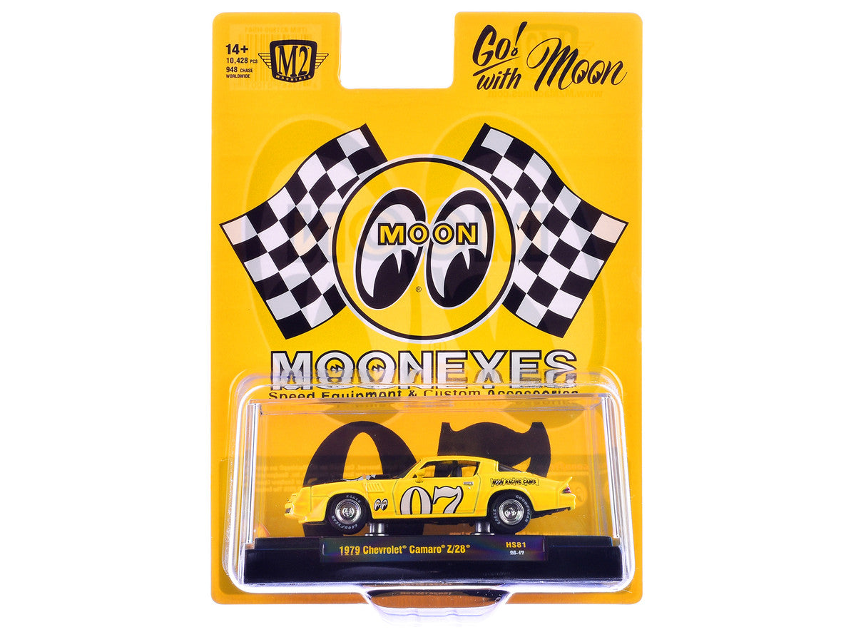 1979 Chevrolet Camaro Z/28 "MoonEyes" Yellow with Black Hood and Graphics Limited Edition to 10428 pieces Worldwide 1/64 Diecast Model Car by M2 Machines M2