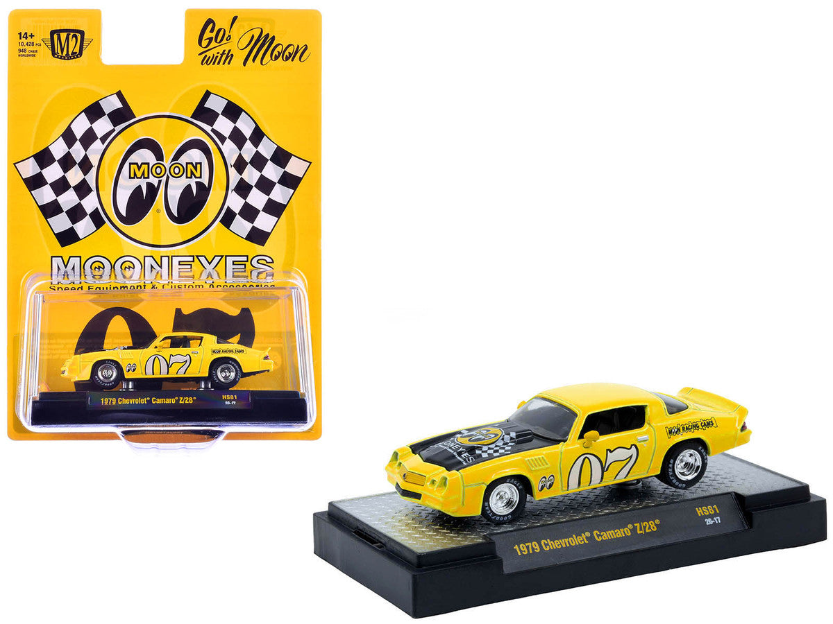 1979 Chevrolet Camaro Z/28 "MoonEyes" Yellow with Black Hood and Graphics Limited Edition to 10428 pieces Worldwide 1/64 Diecast Model Car by M2 Machines M2