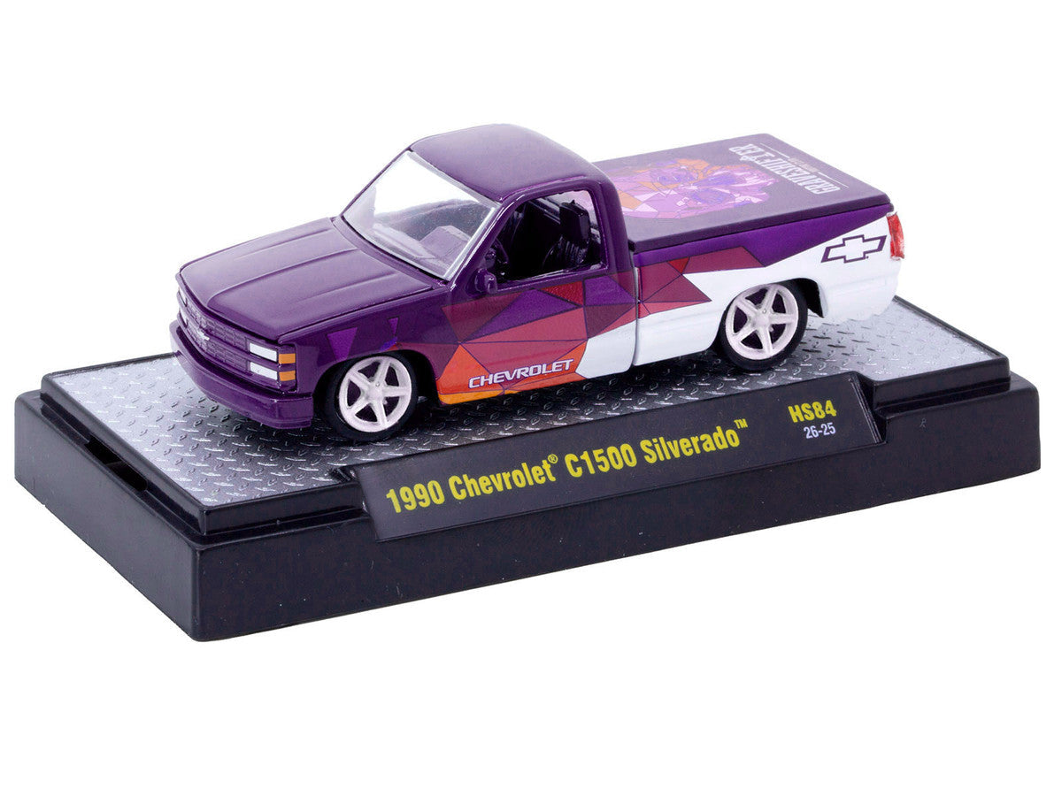 1990 Chevrolet C1500 Silverado Pickup Truck "Graveshifter Motor Club" Purple with Graphics and 3D Glasses Limited Edition to 18018 pieces Worldwide 1/64 Diecast Model Car by M2 Machines M2