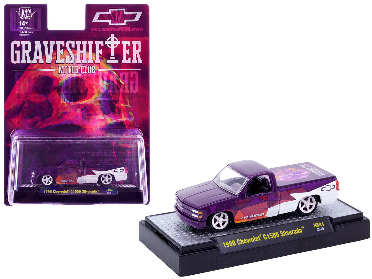 1990 Chevrolet C1500 Silverado Pickup Truck "Graveshifter Motor Club" Purple with Graphics and 3D Glasses Limited Edition to 18018 pieces Worldwide 1/64 Diecast Model Car by M2 Machines M2