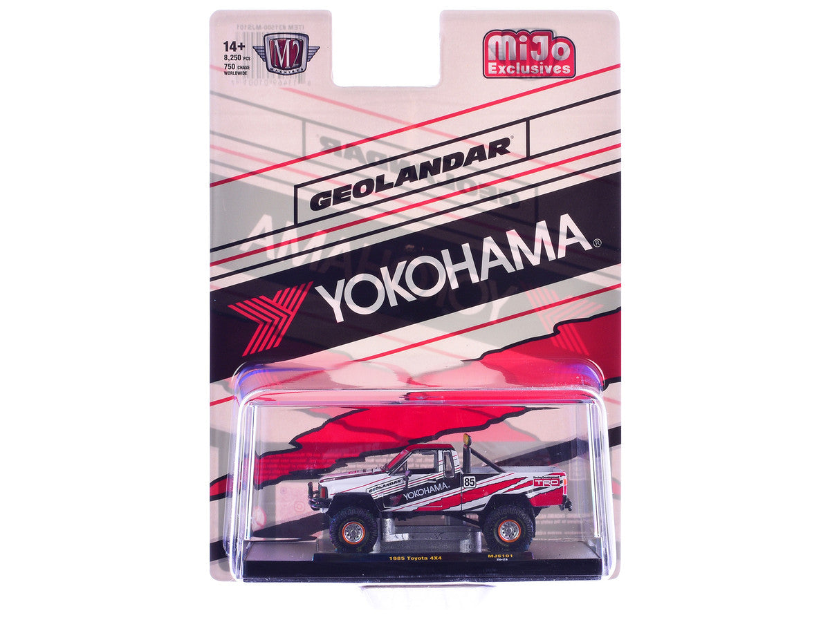 1985 Toyota SR5 4×4 Pickup Truck #85 "Yokohama" White with Black Top and Red and Black Graphics Limited Edition to 8250 pieces Worldwide 1/64 Diecast Model Car by M2 Machines M2